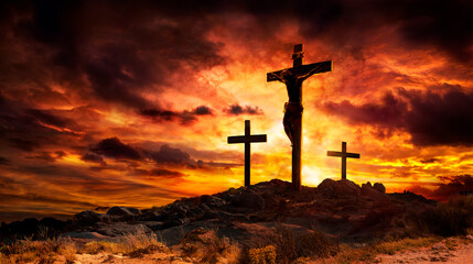 Crucifixion - Jesus Crucifix On Cross With Dramatic Sky At Sunset - Orange Clouds With Hill In Silhouette