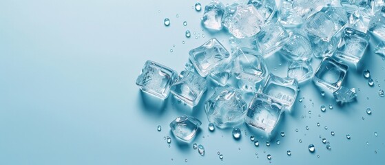 Sparkling clear ice cubes and water droplets scattered on a smooth light blue background. Refreshing cold beverage concept banner with ample copy space