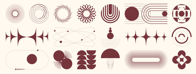 Luxury abstract line element set vector. Burgundy minimal geometric symbols, circles, waves, stars, and modern decorative shapes collection for branding, poster, and invitation design.