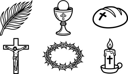 Black line art palm leaf chalice bread crucifixion crown of thorns and candle religious icons minimalist vector set