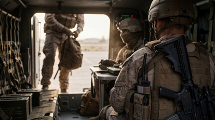 Armed soldiers in desert camouflage gear inside a military transport vehicle during a sunrise mission.