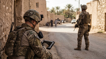Military soldier in camouflage uniform using a rugged digital tablet during a patrol in a sunlit desert village.