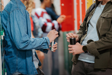 Teen students drinking an energy drink in school hallway.
