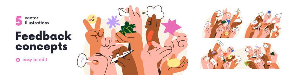 Sharing feedback, opinion concept. Public forum, social discussion in people group, community. Raised hands crowd, society voices, reviews. Flat vector illustration isolated on white background