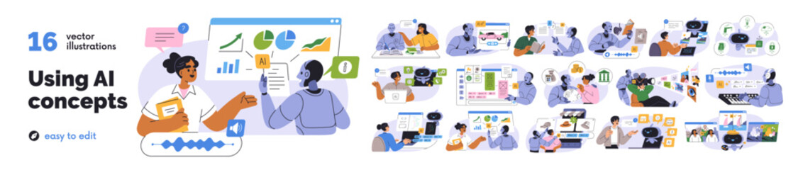 AI automation set. Robot, chatbot assistants for analytics, generative content. Artificial intelligence, neural network and digital technology. Flat vector illustration isolated on white background