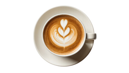 Isolated delicious hot latte art coffee drink cup with elegant heart design top view