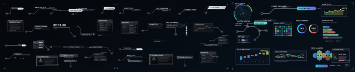 Futuristic HUD interface sheet with routing diagrams, telemetry panels, scan modules, signal charts, vector nodes, and sci-fi control elements in a dark technical dashboard layout.