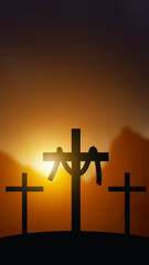 A dramatic silhouette of three crosses on a hill against a glowing sunset. The central cross features a draped cloth, representing the resurrection and Easter story