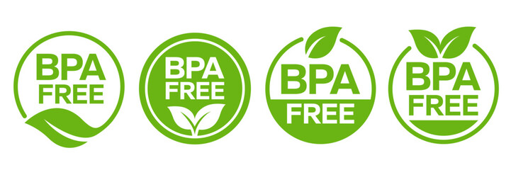 BPA free icon set, label, logo, circle, badge, green, sticker, emblem, symbol, line, flat vector, isolated illustration. Eco friendly icons. 100% natural, bio, organic, vegan food labels product.