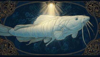 Artystyczna ilustracja białego suma w ozdobnej ramie, oświetlonego promieniem światła na ciemnoniebieskim tle w stylu vintage i fantasy.