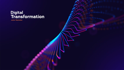 Digital Transformation Background With Glowing Neon Data Waves And Abstract Particle Flow On Dark Blue. Smart Digital Solutions. Vector Illustration.