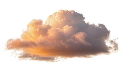 Dramatic cumulus cloud formation with warm golden and soft grey hues, isolated PNG on transparent background, perfect for weather and sky compositions