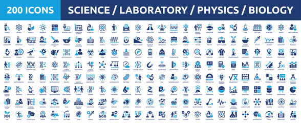 Huge set of 200 solid icons. Mega collection concept of science, laboratory, physics, research and biology. Vector illustration.