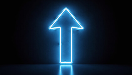 Vibrant Blue Neon Arrow Pointing Upward on a Dark Textured Background with Reflective Floor, Symbolizing Growth, Direction, and Progress
