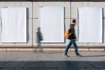 Three blank posters hanging on a wall with a blurred figure walking past, ready for advertisement
