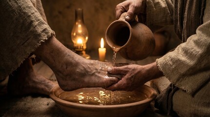 Jesus Christ washing feet of disciple. Biblical scene depicting act of service and humility. Religious historical event for church worship, easter inspiration, christian ministry faith.