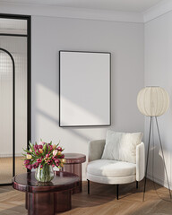 Modern Living Room Poster Frame Mockup with Natural Light and Minimalist Decoration. 3D render.
