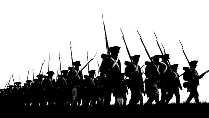 Silhouette of colonial soldiers marching in formation against a bright white sky
