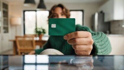Hand holding a credit card above a utilities subscription autopay webpage with the users face and room softly blurred in the background.