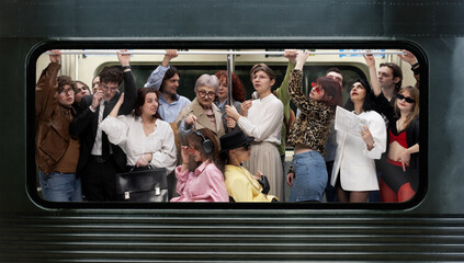 Diverse group of passengers standing crowded inside subway train holding overhead rail in urban environment. Concept of daily commute, public transport, city lifestyle and rush hour crowd.