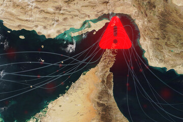 Satellite view of the Strait of Hormuz with a red warning symbol and digital lines. Concept of geopolitical tension, oil supply risks, maritime security, and global trade instability in the Gulf.
