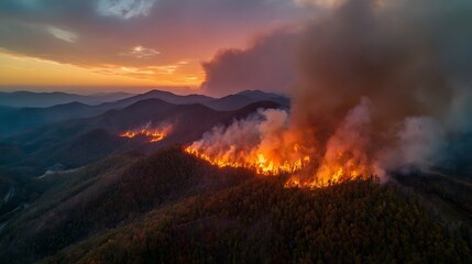 Aerial view of a forest fire burning on a mountain during sunset with smoke rising