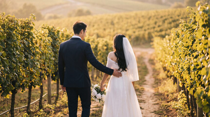 Romantic newlywed couple walking hand-in-hand through a beautiful sunlit vineyard after their wedding ceremony.