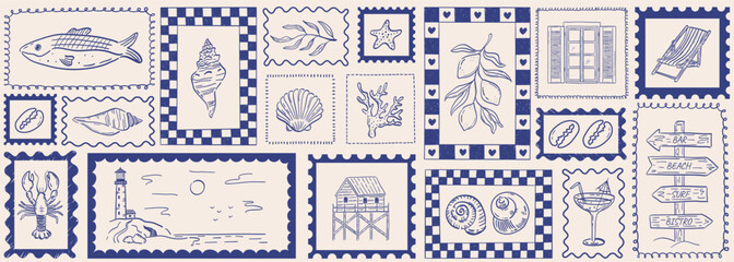 Seamless vector banner with mediterranean summer line art seashells, lemons, lobster and various coastal elements. Whimsical background with playful blue frames. Tropical beach pattern