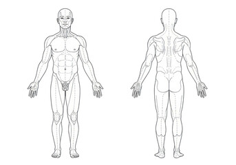 Adult male anatomical figure in anterior and posterior views, minimalist black and white vector line art with dashed region lines on white medical reference concept