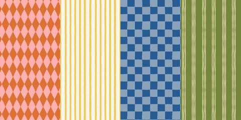 Vector hand drawn seamless patterns in simple doodle sketchy wavy and groovy naive style, dopamine and cottage core aesthetic, delicate gentle girlie backgrounds surface design, striped and checkered