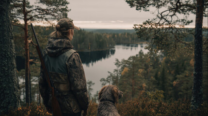Hunter with a dog standing on a cliff overlooking a forest lake in Sweden.