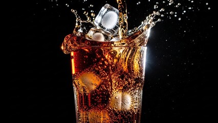 Golden Carbonated Drink Being Poured With Ice Cubes Splashing Against Dark Background pouring
