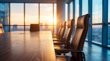 Modern office conference room with a long wooden table and chairs, illuminated by warm light and city view.