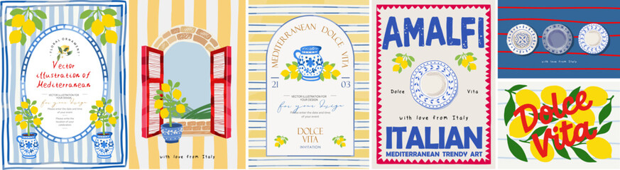 Mediterranean Italian Amalfi. Vector aesthetic illustrations of lemons, a window with shutters, vase, ceramics, a frame, a striped pattern, dishes and a plate for an invitation, poster, template, card