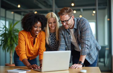 Three colleagues in office look at laptop screen. Diverse team collaborates on project, discuss ideas, share digital content. Business people work together, interact, smile.
