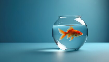 Orange goldfish swims in clear round bowl filled with blue water. Isolated single fish in aquatic environment. Minimalist studio shot.