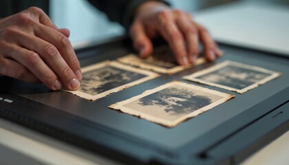 Hands carefully arrange old photos on scanner bed. Person digitizes vintage paper prints, preserving history. Modern tech captures past images for digital archive.