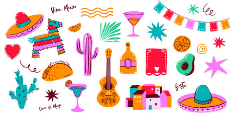 Cinco de Mayo Mexican holiday celebration. Hand-drawn fiesta decorative elements and symbols collection. Mexico icons set.