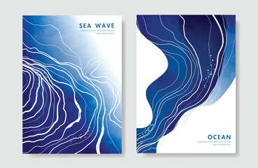 Japanese sea wave Card set vector. Poster design with watercolor blue ocean wave pattern backdrop. Modern illustration for cover, banner, website, decor, interior.