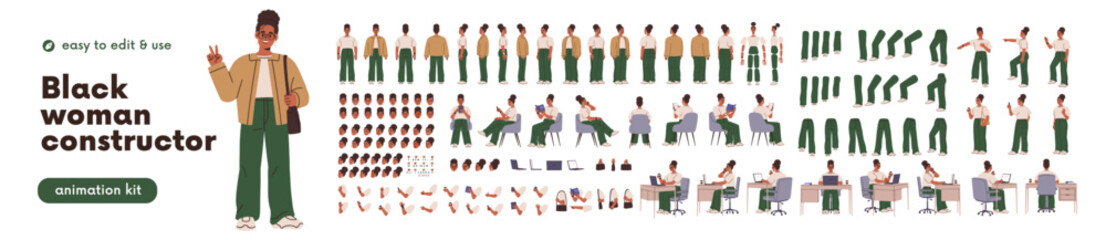 Woman constructor, animation kit, body parts set. Young black girl, dark-skinned female character construction with leg, arm movement, face, poses. Flat vector illustration isolated on white