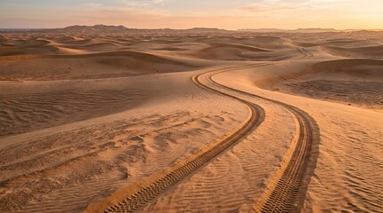 Desert landscape with winding tire tracks at sunset