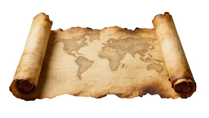 Vintage world map on an old parchment scroll, antique cartography for travel and history concept