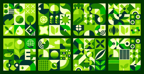Environment ecology green tile with geometric nature Bauhaus patterns. Clean ecology vector patterns with green graphic shapes. Environment protection, nature saving backgrounds with Bauhaus shapes