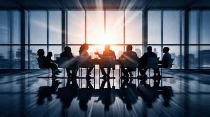 Silhouettes of a business team meeting in a modern office boardroom with a city skyline view at sunset.