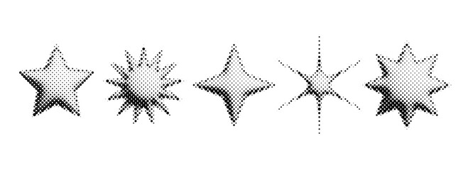 Halftone grunge stars set. 3d dotted grain star shape collection. 8 bit bitmap element bundle. Pixel comic burst and sparkle for poster, banner, flyer, collage, sticker. Vector graphic design pack