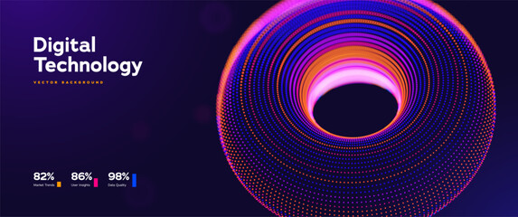 Digital Technology Background With Glowing Neon Torus, Vibrant Dotted Ring, And Futuristic Light Flow On Dark Gradient. Abstract Technology Forms. Vector Illustration.