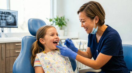 Female dentist examining young girl's teeth in dental chair. Smiling child during dental checkup in clinic. Pediatric dentistry concept