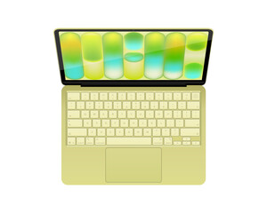 Photorealistic detailed green notebook mockup. Front view of opened notebook with keyboard isolated on transparent background. Vector illustration