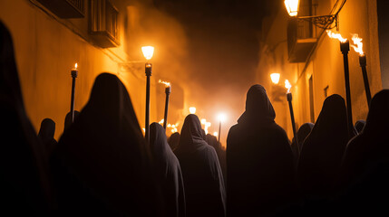 Hooded figures processing through a dark street carrying burning torches and candles in a solemn nighttime parade