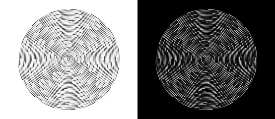 Abstract circular pattern with dense concentric dashed lines and spiral center. Minimalist vector illustration of digital vortex or vinyl record texture isolated on black and white backgrounds.